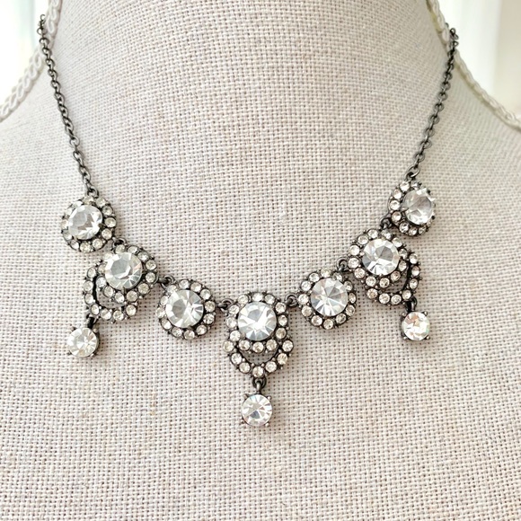 Round Gunmetal Vintage Art Nouveau Rhinestone Necklace Distressed Adjustable 20s - Picture 2 of 9